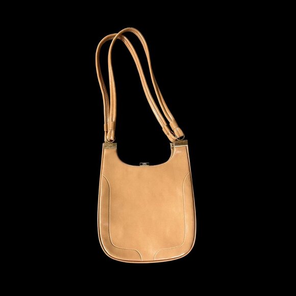 Vintage Purse Vinyl Shoulder Bag Double Strap Beige Tan 1960s Retro Fashion - Picture 2 of 10